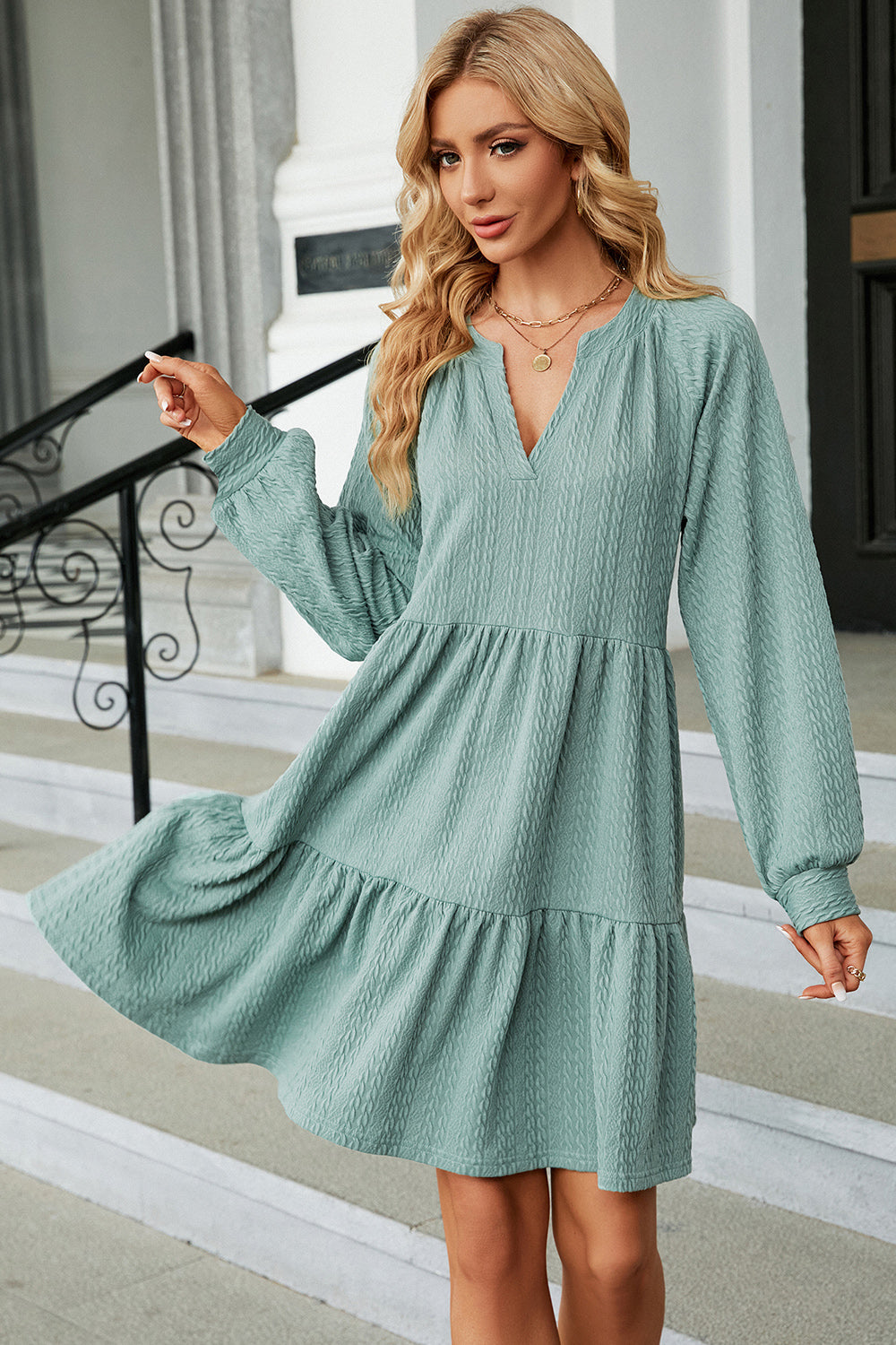 Ruched Notched Long Sleeve Mini Dress - store name