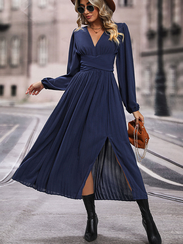 V-Neck Long Sleeve Pleated Slit Dress - store name