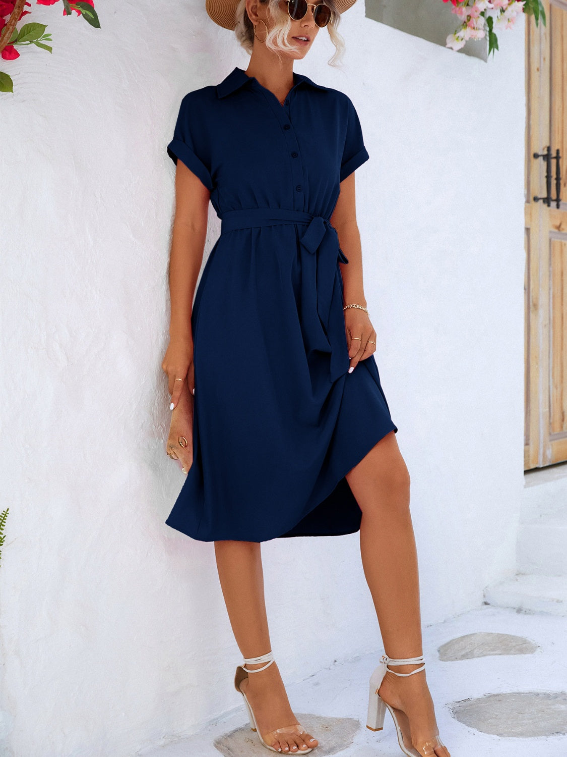 Buttoned Tie Waist Short Sleeve Dress - store name