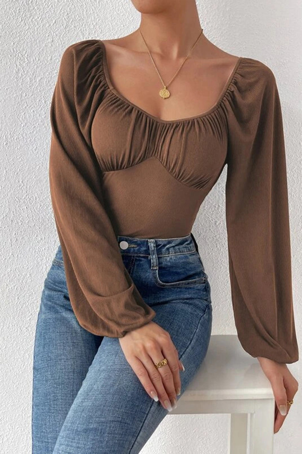 Ruched Balloon Sleeve Bodysuit - store name