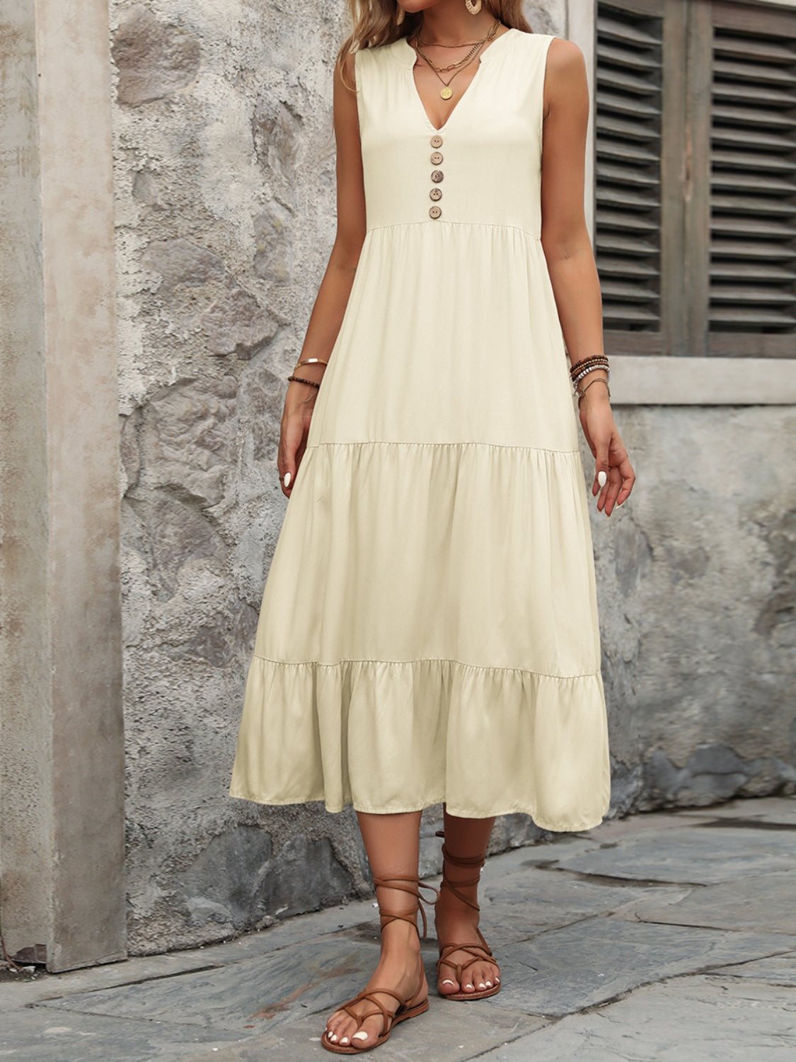 Decorative Button Notched Sleeveless Dress - store name