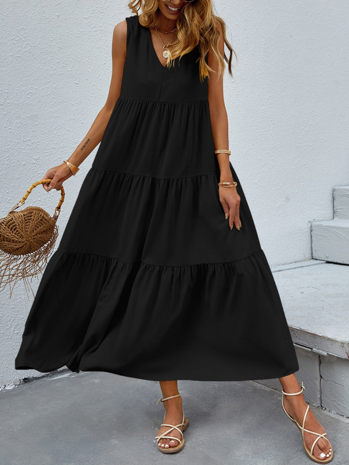 Tiered V-Neck Sleeve Dress - store name