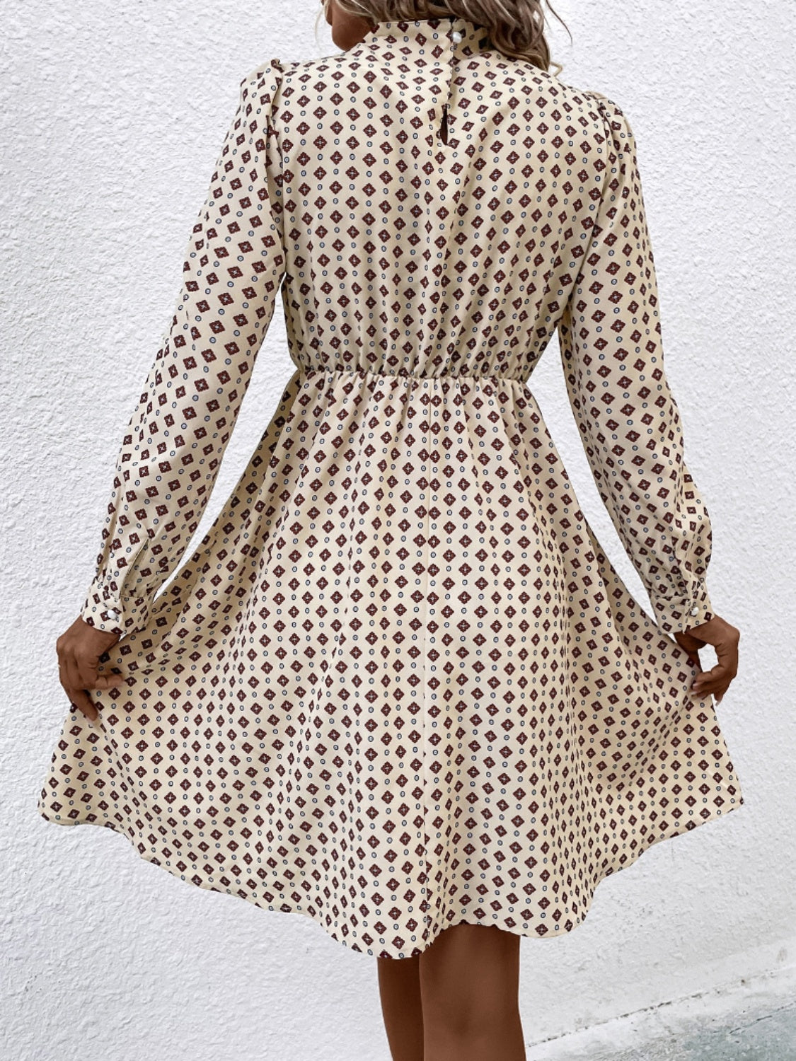 Printed Ruched Mock Neck Long Sleeve Dress - store name