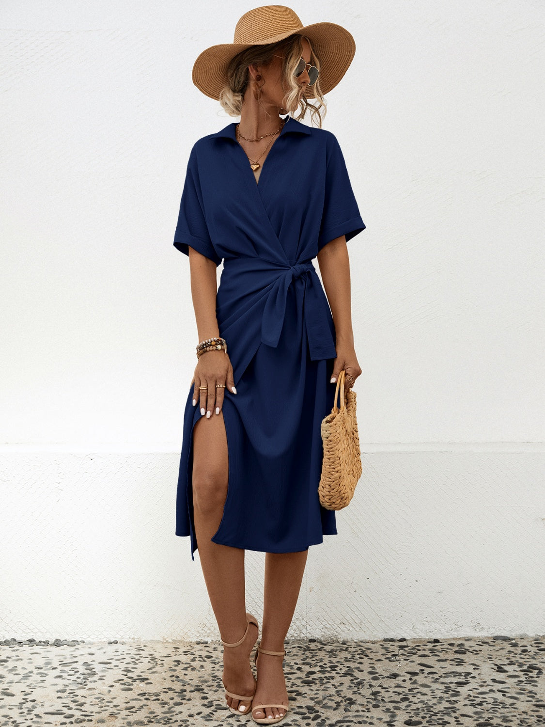 Tied Slit Short Sleeve Dress - store name