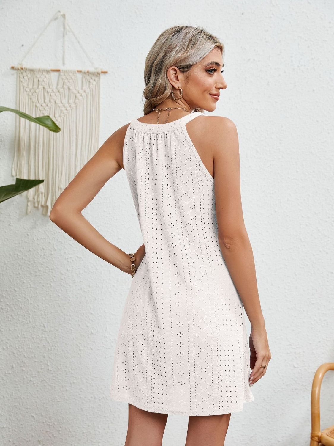 Eyelet Grecian Neck Mini Dress - store name