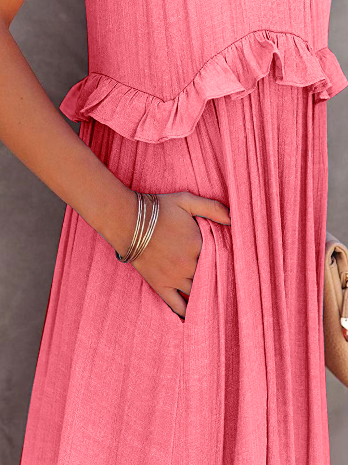 Ruffled Sleeveless Tiered Maxi Dress with Pockets - store name