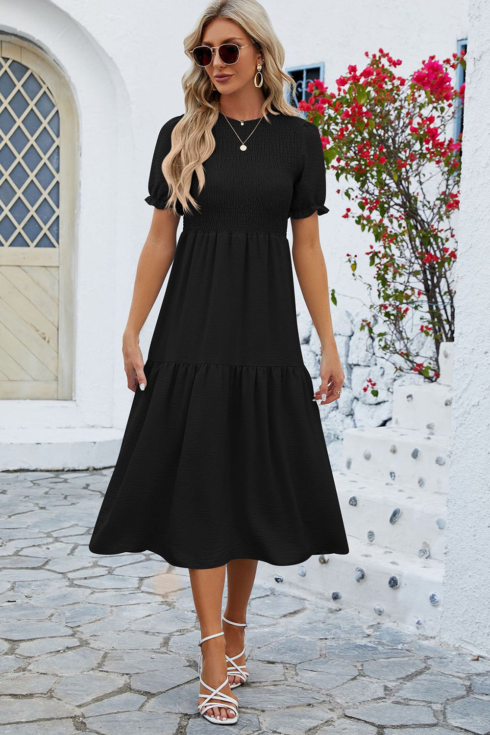 Smocked Round Neck Flounce Sleeve Midi Dress - store name