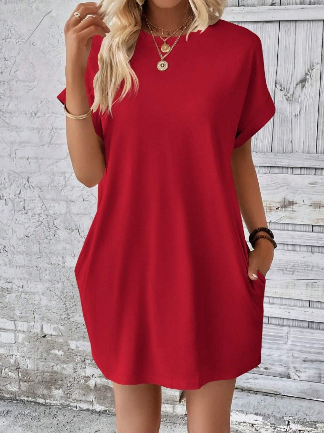 Pocketed Round Neck Short Sleeve Dress - store name