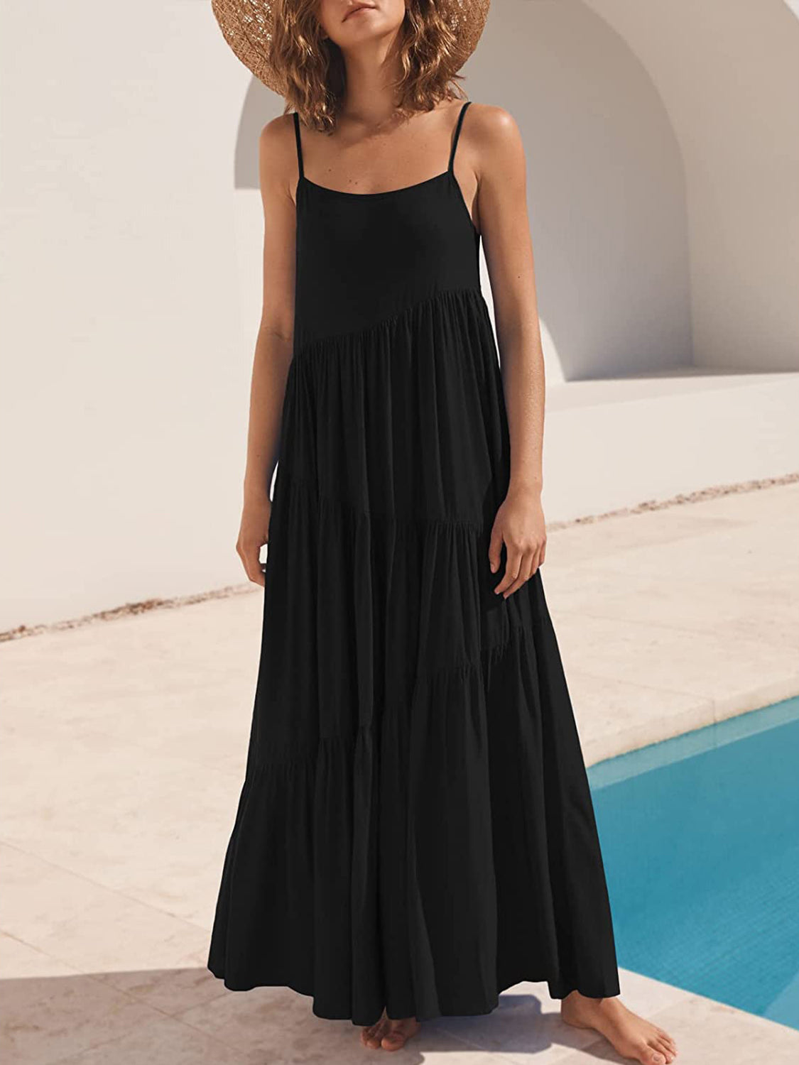 Full Size Ruched Tiered Spaghetti Strap Dress - store name