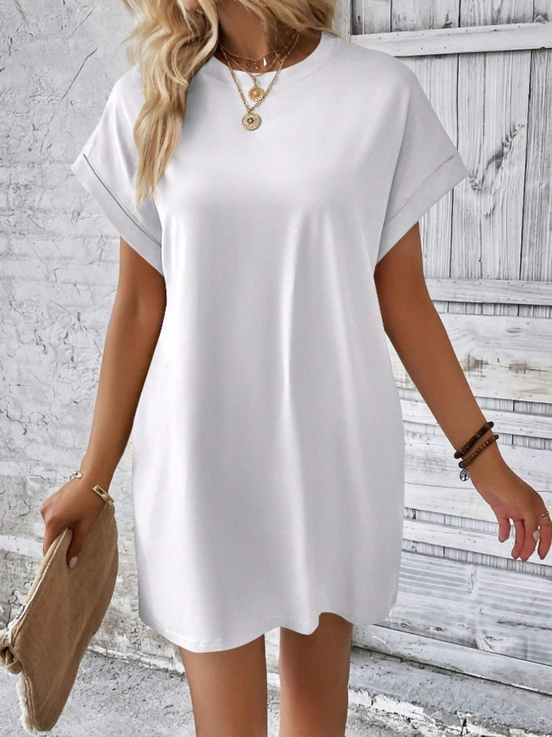 Pocketed Round Neck Short Sleeve Dress - store name