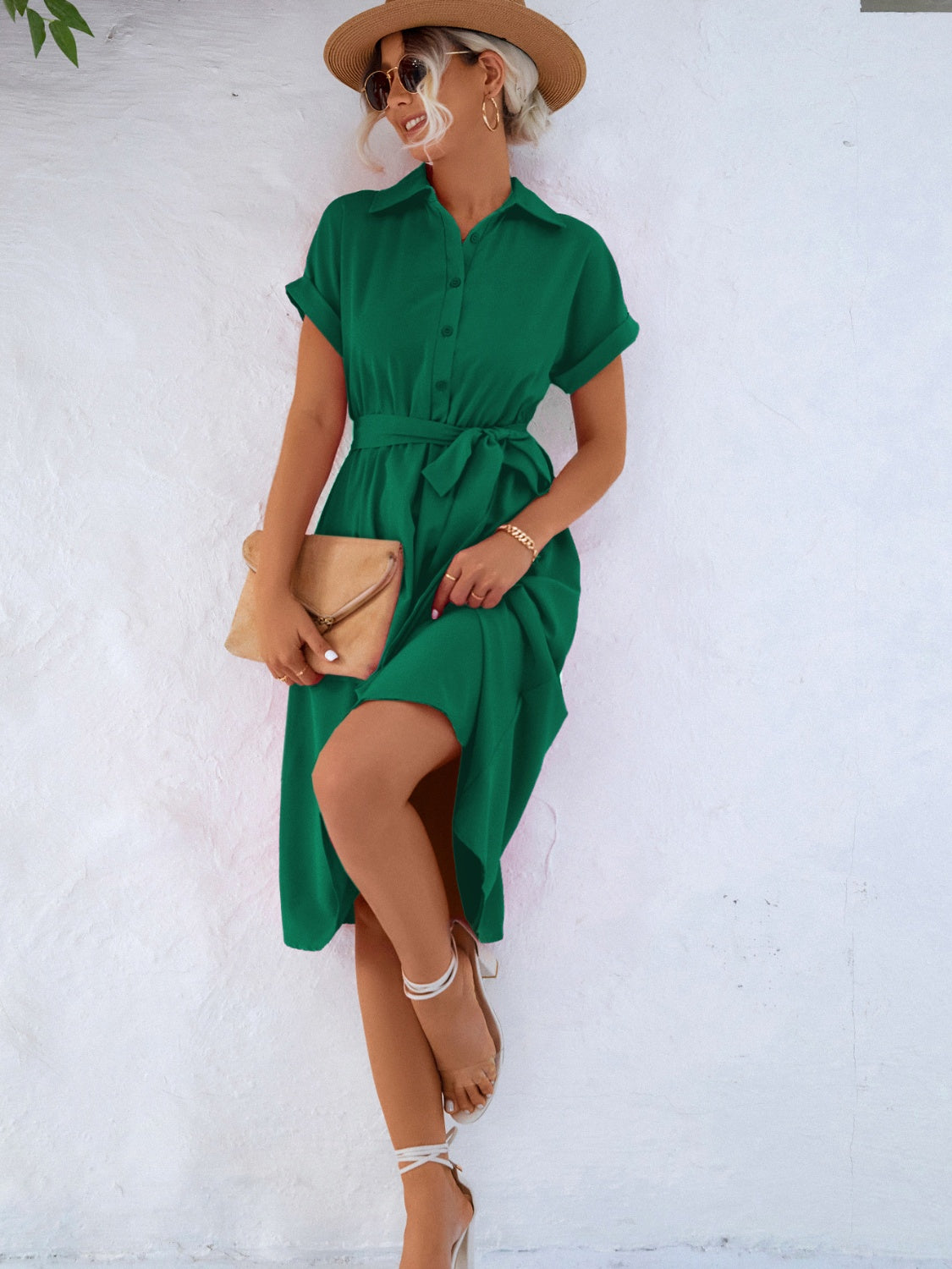 Buttoned Tie Waist Short Sleeve Dress - store name