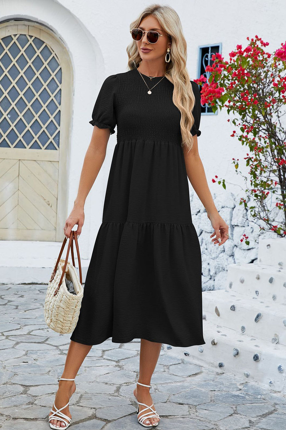 Smocked Round Neck Flounce Sleeve Midi Dress - store name