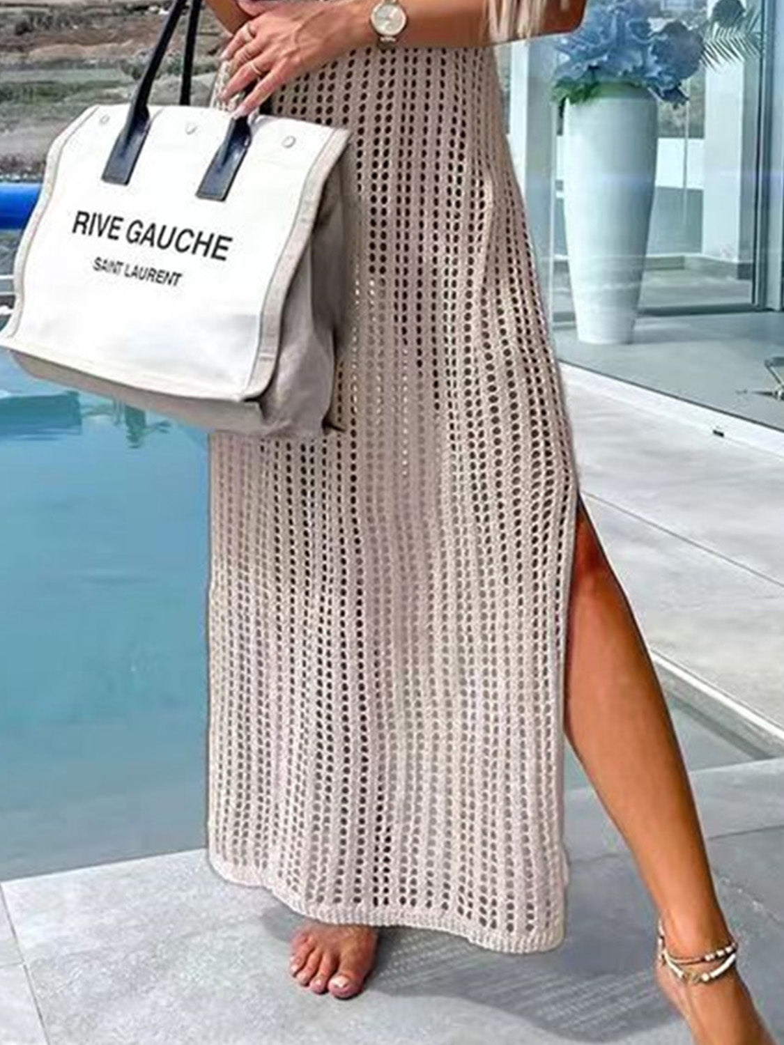 Openwork Slit Cutout Wide Strap Dress - store name