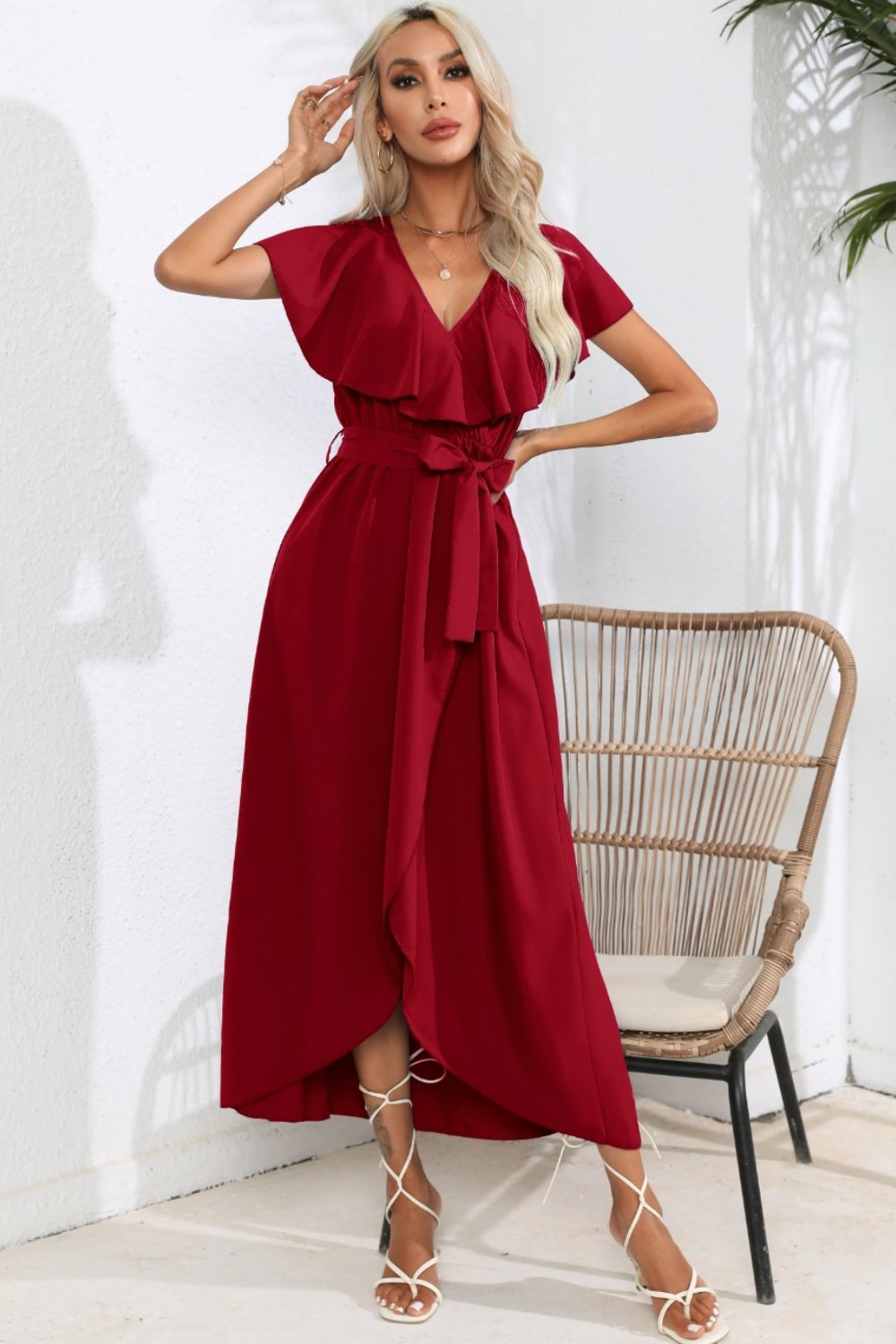 Ruffled Tied V-Neck Midi Dress - store name
