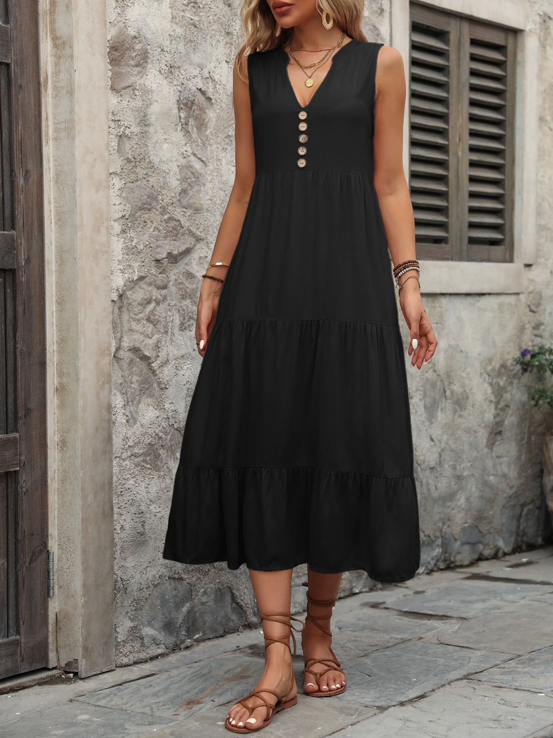 Decorative Button Notched Sleeveless Dress - store name