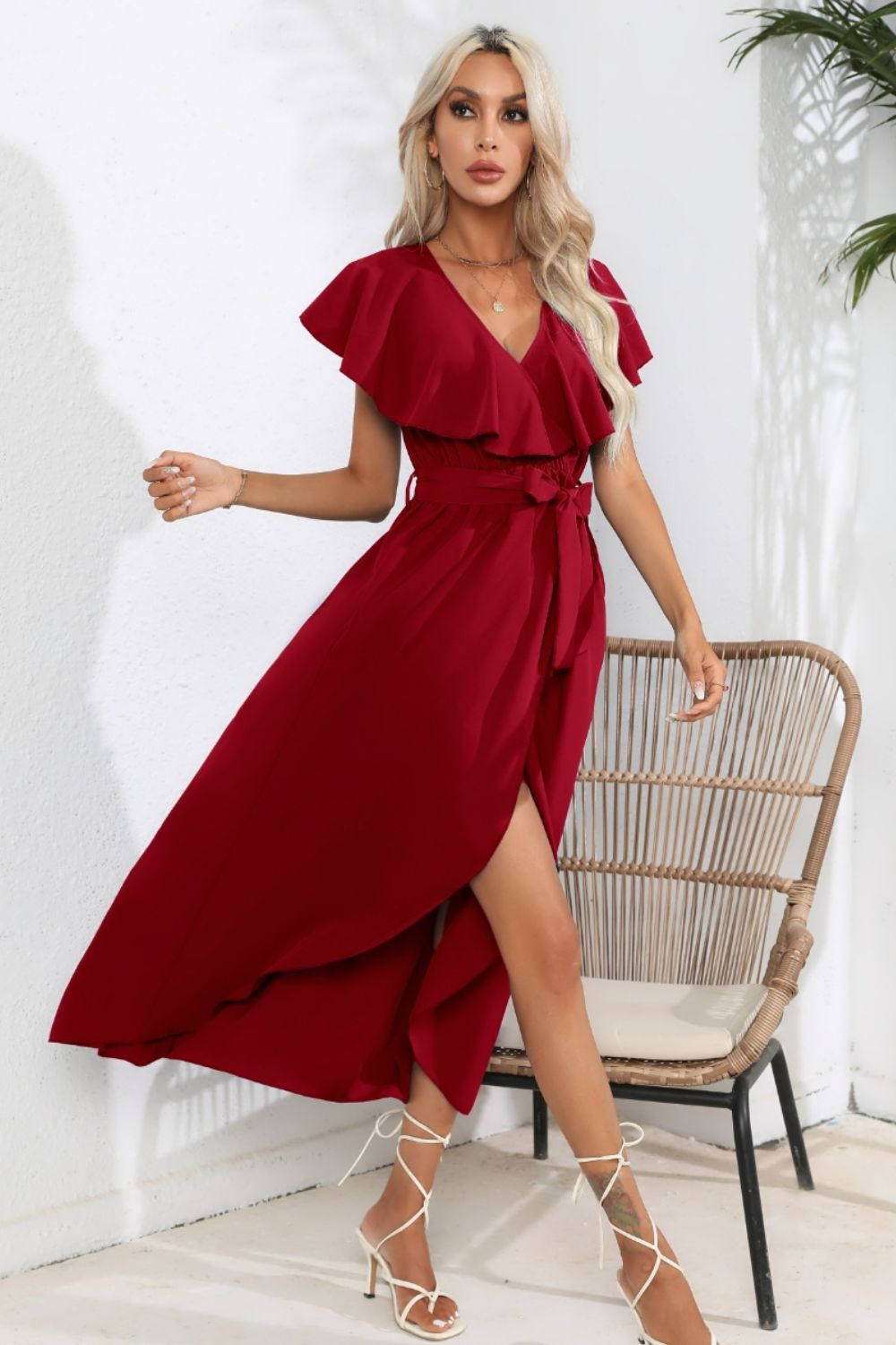 Ruffled Tied V-Neck Midi Dress - store name