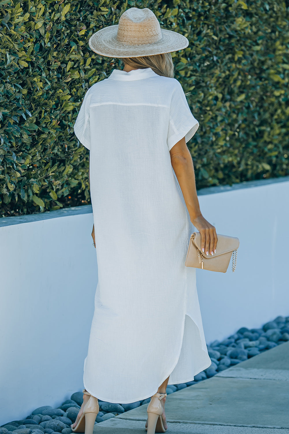 Textured Button Down Slit Shirt Dress - store name