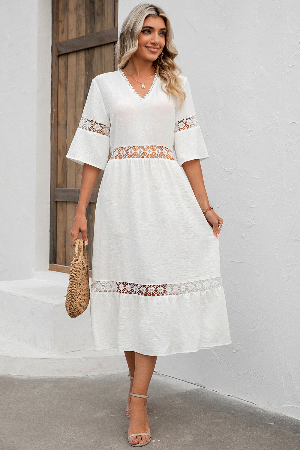 Cutout V-Neck Half Sleeve Midi Dress - store name