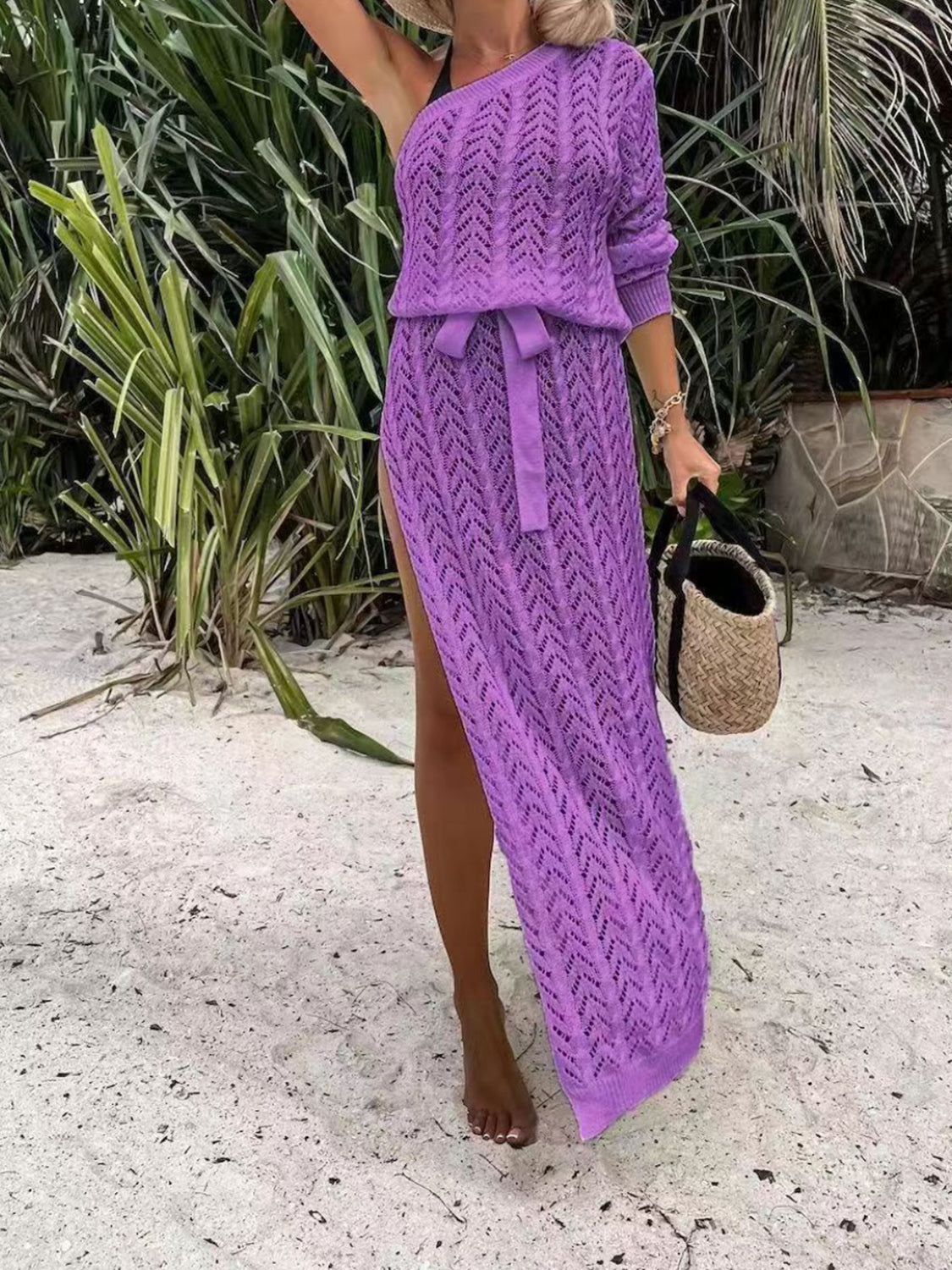 Slit Openwork Single Shoulder Knit Dress - store name