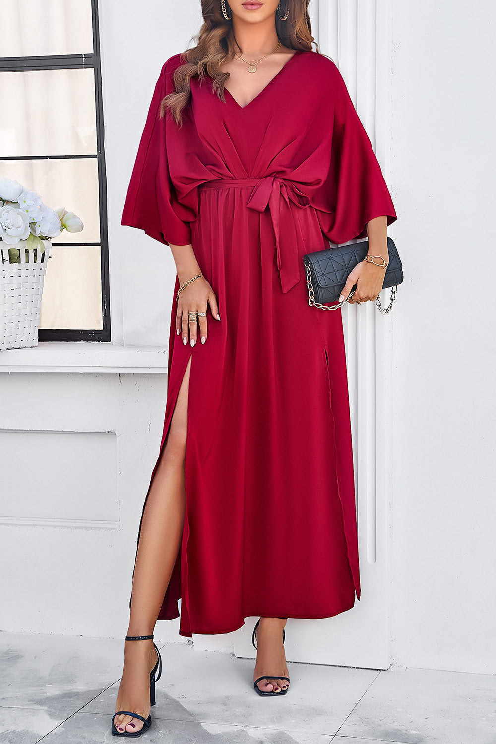 Slit Tied V-Neck Three-Quarter Sleeve Dress - store name