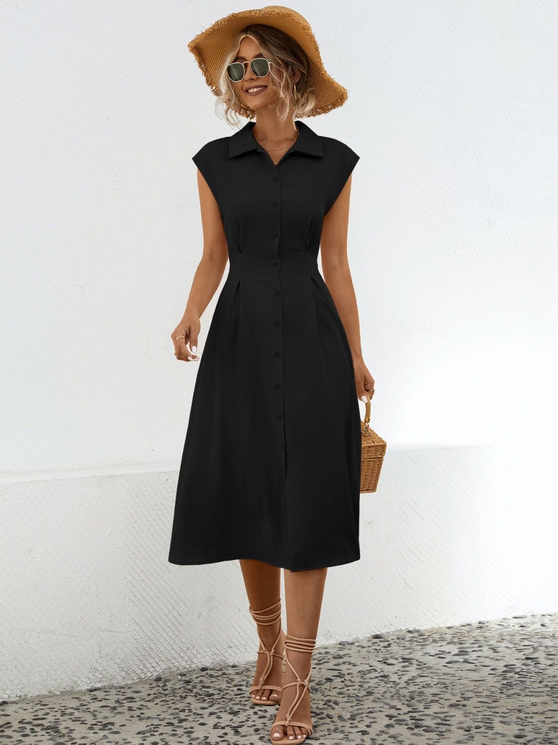 Button Up Cap Sleeve Midi Dress - store name